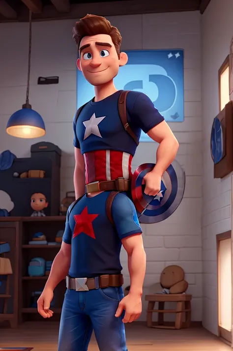 white man, 40 years old, with a thin beard, short hair up, blue Captain America t-shirt, jeans, black sneakers with a white stripe, High definition, Pixar 3D Style, with a shy smile