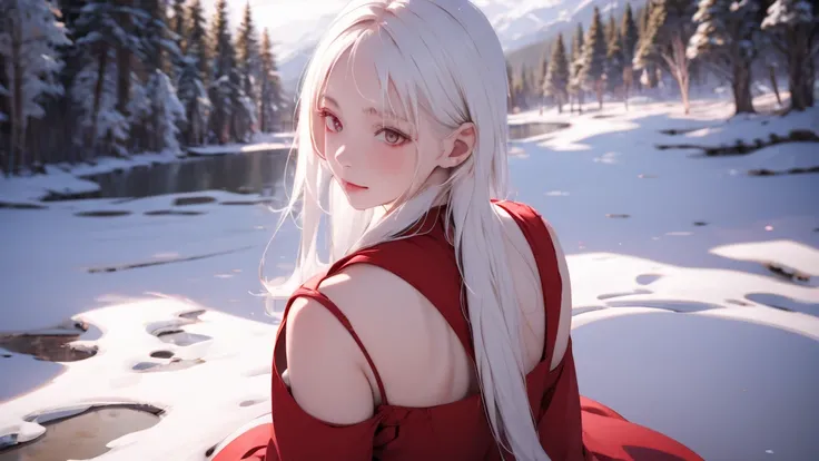 1 Girl, medium light white hair, light white eyes, wearing Red Suit 4D , night TOWN 18+, high res, ultrasharp, 8K, masterpiece, looking from behind