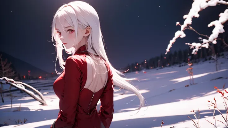 1 Girl, medium light white hair, light white eyes, wearing Red Suit 4D , night TOWN 18+, high res, ultrasharp, 8K, masterpiece, looking from behind