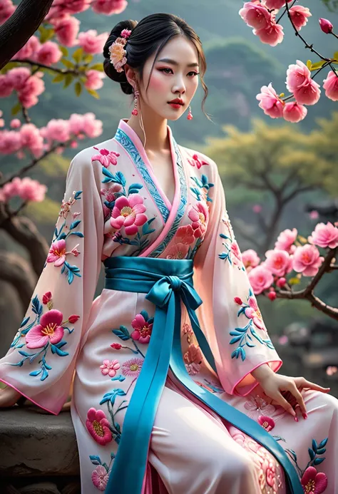 (Best quality,4K,8K,A high resolution,Masterpiece:1.2),Ultra-detailed,(Realistic,Photorealistic,photo-realistic:1.37),Delicate depiction of floral motifs on traditional Chinese gauze dresses, Dynamically capture Tai Chi elements, Flowing fabric, vivid vivi...