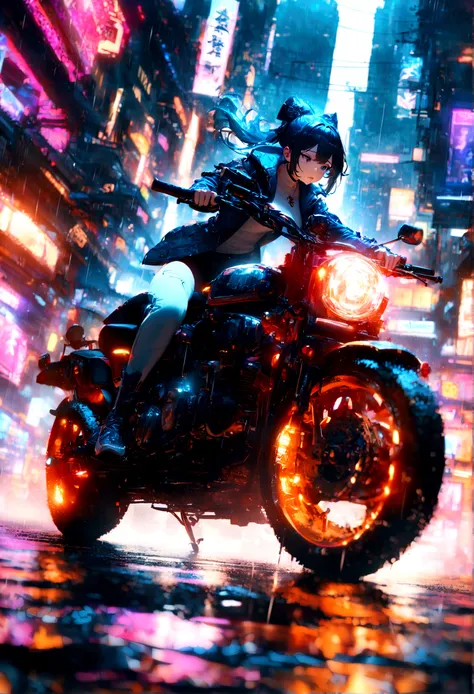 1 Girl, motorcycle, 一辆motorcycle行驶在未来城市, Very detailed, Intricate cyberpunk background, Neon, rain, Motion Blur, (4K,8K,high resolution:1.2),Extremely detailed, light, Dramatic Angle, Vibrant colors, Melancholy atmosphere, Dynamic Synthesis, masterpiece, b...