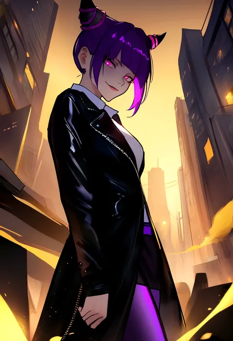 work of art, best qualityer, Juri Han, horn hair, bangs on the eyes,eyes shining purple,evil smile, black leather jacket, leggings preta, gazing at viewer, city background,yellow lighting,white  shirt,skirt short
