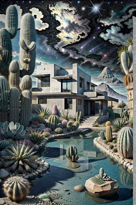 An illustration, collage style, David Hockney visual style, (((Luis Barragáns architectural style houses in middle of a lake))), big boulders, little cascade, mountains, volcanos, volcanic landscape, pool, stairs, beautiful gardens, abundant vegetation, ca...