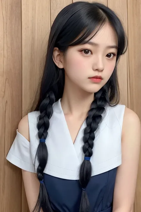 
Portrait of a young East Asian girl in a navy blue and white sailor-style . She has long black hair styled in two braids, with straight bangs across her forehead. The girl has large, dark eyes and a small, delicate nose. Her expression is neutral, looking...