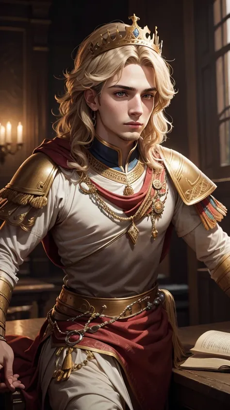 portrait of young alexander the great, crown, sceptre, powdered wig, antique background image, ultra realistic, unreal engine, hyper real, 4k ultra detailed, better hands, good hands