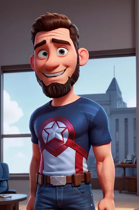 white man, 40 years old, with bad beard, short hair up, blue Captain America t-shirt, jeans, black sneakers with white stripe, High definition, 3D Pixar Style, with shy smile