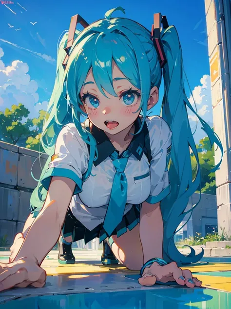 hatsune miku, wear school, on all fours, big tits, showing the tongue