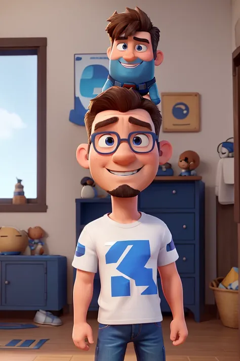 white man, 40 years old, with poorly done goatee, short hair up, blue Captain America t-shirt, jeans, black sneakers with white stripe, High definition, Pixar 3D Style, with shy smile