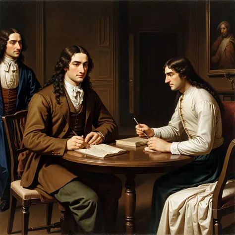 Newton with leibniz discussing idea of calculus on table