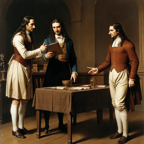 Newton with leibniz discussing idea of calculus on table