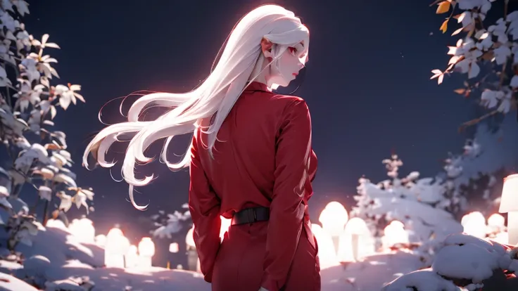 1 Girl, medium light white hair, light white eyes, wearing Red Suit 4D , night TOWN 18+, high res, ultrasharp, 8K, masterpiece, looking from behind