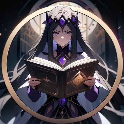 (circle frame1.7), 1girl, solo, dark butterfly queen, menacing, evil, aggressive, long hair, cinematic, (masterpiece), (best quality), (ultra-detailed), very aesthetic,reading diamond book, icon, circle frame,