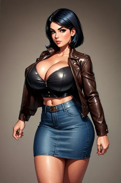 gorgeous butch woman, vintage pin up, leather jacket, blue-black hair, denim skirt, short skirt, cleavage