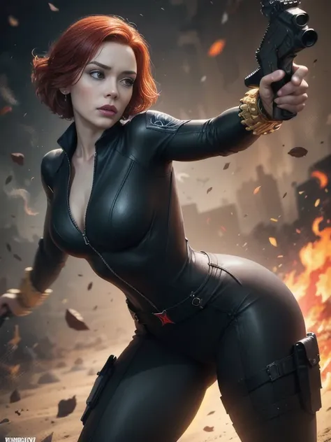 Subject: A photorealistic portrayal of Christina Hendricks as Black Widow from Marvel Comics, standing confidently in her sleek and deadly attire. Type of Image: Photorealistic digital artwork featuring Christina Hendricks as Black Widow Art Styles: Photor...