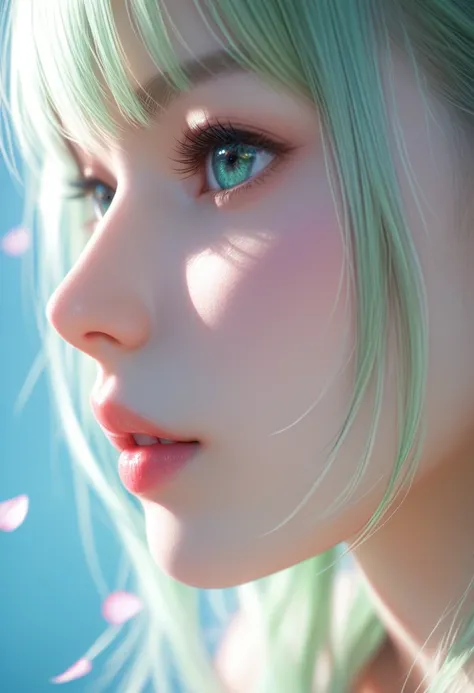 score_9, score_8_above, score_7_above, Profile photo of the girl, long light green hair with bangs, light blue petals on the cheeks, realistic skin texture, detailed image, close-above, HD32k