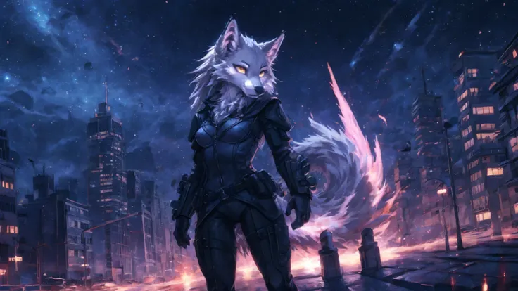 anime girl,tennage girl 18 years old, anime style, white wolf in dark aura, dark natasha art, city landscape, full body high definition in details the best image quality, add_detail:1  white wolf in dark aura add_detail:1