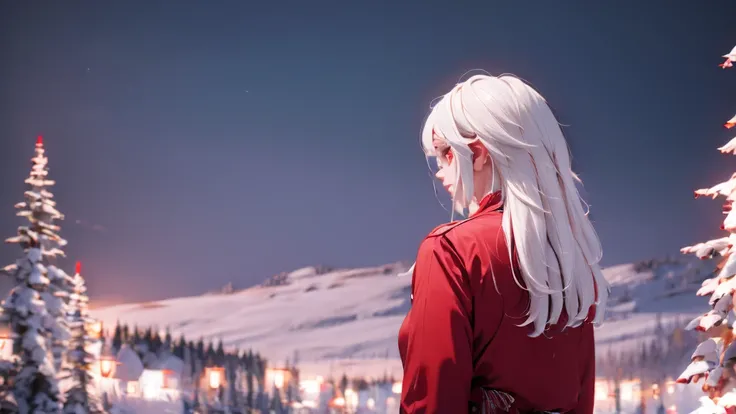 1 Girl, medium light white hair, light white eyes, wearing Red Suit 4D , night TOWN 18+, high res, ultrasharp, 8K, masterpiece, looking from behind