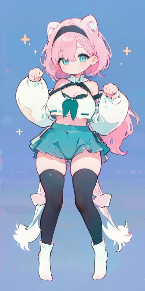 (One girl),Full Body Lesbian，

Pink Hair,Bright Blue Eyes,Aqua gradient eyes,

 Cameltoe,
 between legs, Buttocks visible from thighs BREAK (PAW Pose:1.2), 

Big Breasts，Cropped shoulders，White knee-length stockings，Lolita Skirt，High Ponytail