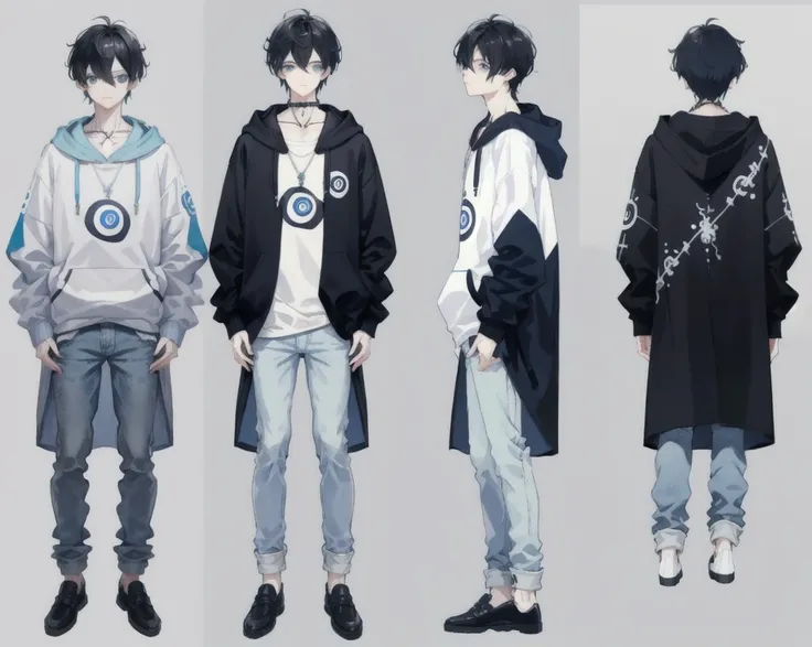 (masterpiece, best quality), chara-sheet, 1boy,, black hair, light blue eyes, blue and white hoodie, yin yang necklace, black jean, blue shoes, (simple backgound),
