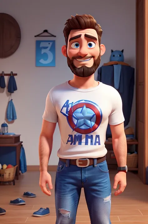 white man, 40 years old, with growing beard, short hair up, blue Captain America t-shirt, jeans, black sneakers with white stripe, High definition, 3D Pixar Style, with shy smile