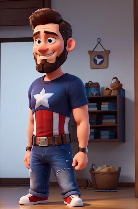 white man, 40 years old, with growing beard, short hair up, blue Captain America t-shirt, jeans, black sneakers with white stripe, High definition, 3D Pixar Style, with shy smile