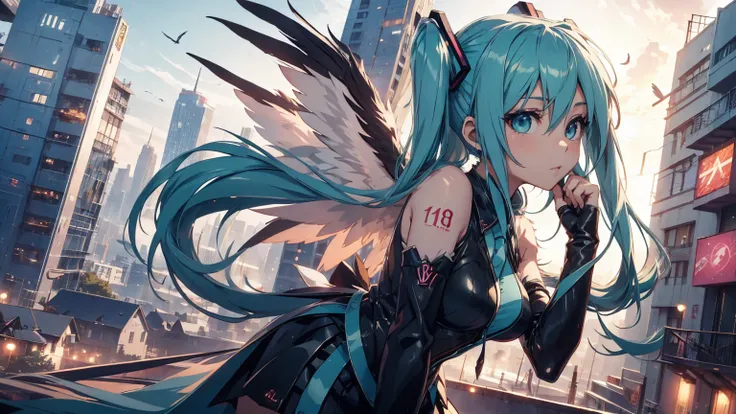 anime girl,tennage girl 18 years old, anime style, cute hatsune miku x angel, dark natasha art, city landscape, 6 feather angel wings add_detail:1, angelical girl