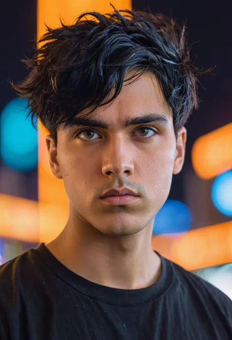 portrait closeup, low angle shot, of a young man with short, messy black hair, serious expression, Oval face, dressed in an oversized black t-shirt, detailed portrait, futuristic city background with orange neon lights