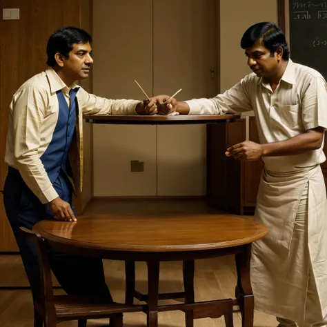 Newton and srinivasan ramanujan discussing topics of advanced mathematics on table 