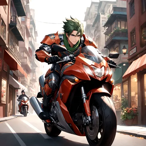 1boy，armor，Riding on a motorcycle，Male focus，City Streets，