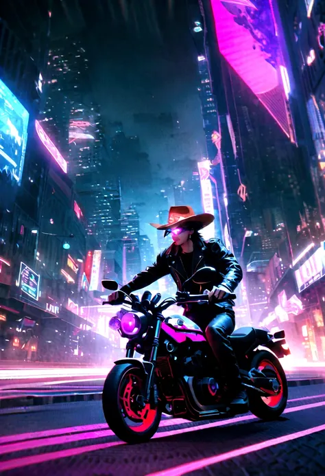 (Skull_Sheriff_Riding a motorcycle)，metallic feel，Wearing a cowboy hat+Cockade+Neon brim，Wearing a leather jacket，retro futuristic style，Glowing eyes，Night view，Bright colors，Electric Spark，Dystopian Cityscape，Mixed reality。