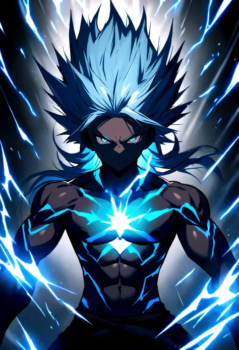 Teenage boy, spiky hair, long hair, bright light blue hair, shining blue eyes, serious face, Simple smile, dark blue skin, muscular chest, blue tattoos on the body, intense electric aura