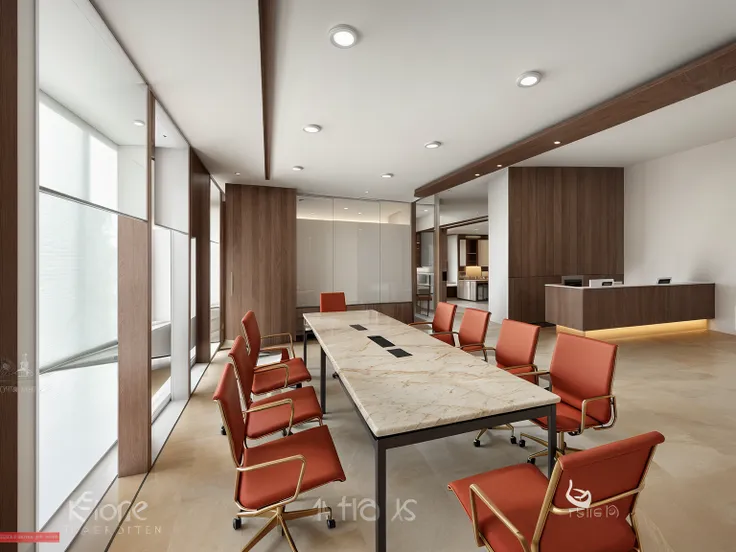 Office design in modern style, daylight, brown marble floor, WHITE WALL, 1 frame glass wall 1.8, glass wall 1.8, 1 conference table with 12 chairs, flowers on the table, flat white painted ceiling 1.2, 2 LED lights 1.8 rail lights, 1 table corner, sharp im...