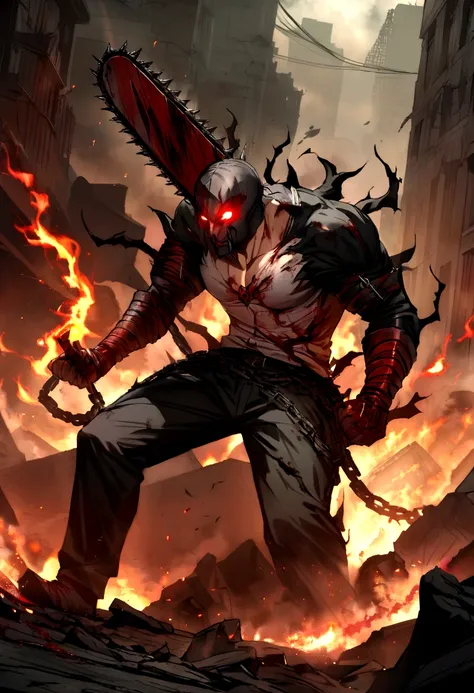 Create an image of a young warrior in his demonic form, where chainsaws emerge from your arms and head. He must be in a dynamic battle pose, with a fierce and determined expression on his face, eyes glowing intense red. The image must capture a brutal and ...