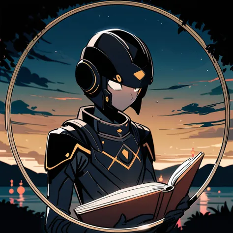 (circle frame1.7), night, black armor, black helmet, skinny body,,reading diamond book, icon, circle frame,