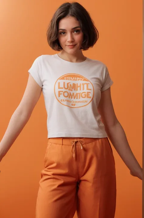 analog film photo solo, gstyle, realistic, ((woman)), (((short hair))), (((happy512))), (((Tapered trousers, t-shirt, and mules.))), ((Simple Light Orange background:1.5)), ((dynamic pose)), high detailed, 8k, clear facial features, skin zehragunes . faded...