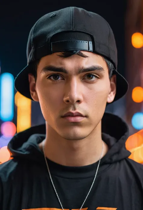 close-up portrait, low angle shot, of a young man with short messy black hair wearing a black cap, serious expression, oval face, wearing an oversized black t-shirt, detailed portrait, futuristic city background with orange neon lights, cinematographic lig...