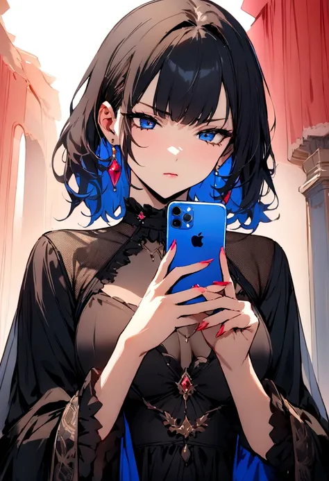 ((Highest quality)), ((masterpiece)), lady,hold iPhone,