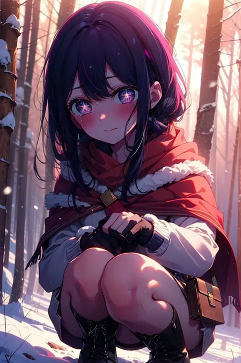 aihoshino, Ai Hoshino, Long Hair, bangs, (Purple eyes:1.1), Purple Hair, (Symbol-shaped pupil:1.5), smile,,smile,blush,White Breath,
Open your mouth,snow,Ground bonfire, Outdoor, boots, snowing, From the side, wood, suitcase, Cape, Blurred, , forest, White...