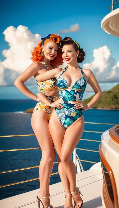 portrait, two beautiful pinup models smiling wearing swimwear and posing together for the camera, standing on a luxury yacht on a sunny day, golden hour, cumulus clouds, tropical Island in the background