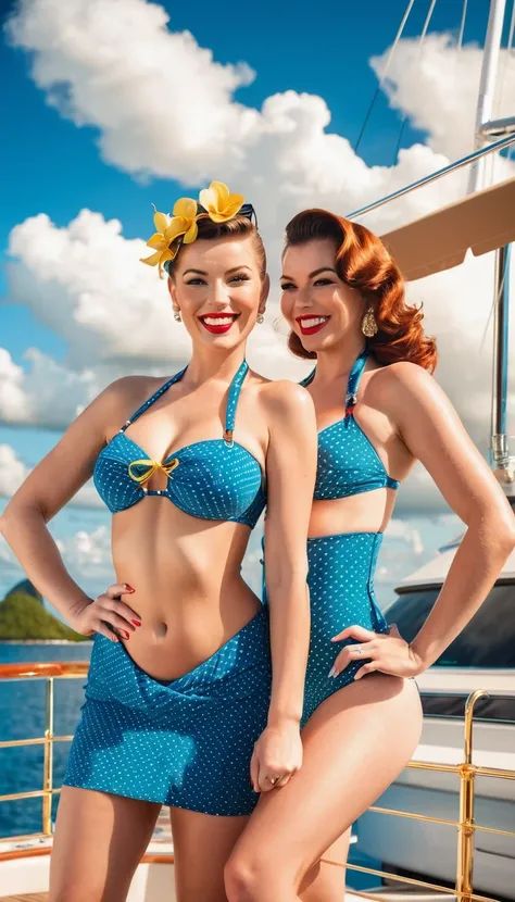 portrait, two beautiful pinup models smiling wearing swimwear and posing together for the camera, standing on a luxury yacht on a sunny day, golden hour, cumulus clouds, tropical Island in the background