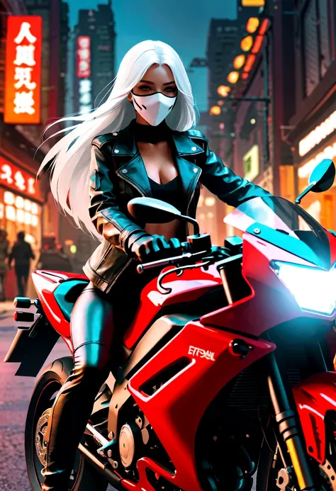 A beautiful woman with long white hair wearing a white mask, riding a motorcycle, detailed face, cinematic lighting, highly detailed, photorealistic, 8k, hyper detailed, realistic, sharp focus, studio lighting, leather jacket, dramatic angles, motion blur,...