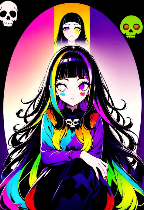 （Black Hair、Gray Hair：1.3），Black Feather、Gothic punk dress、（Cat），Legs sticking out，Sit on a chair, Crossing your legs、anime zombie witch design, Crossbones, skull, Streetwear Design, Provector, Horror Style, Full Design, Only 6 colors, Solid Colors, No Sha...