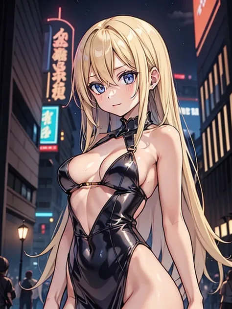 Beautiful woman, slavery clothes, blond, (leathery), revealing, sensuous, Skinned, ((アニメ)), illustration, full colors, foto perfil, Akira Toriyama style, toei animation, in a city at night, (cyberpunk style), medium breasts, breasts small, opaque colors