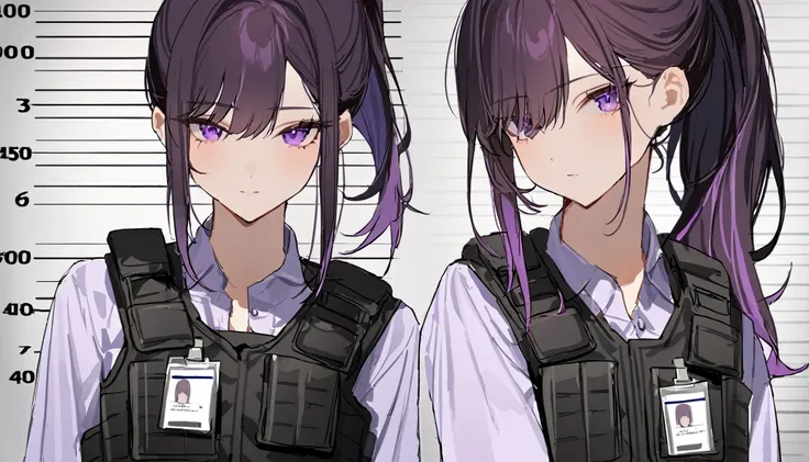 One girl, Dark hair with purple strands, Ponytail, purple eyes, black outfit,wearing bulletproof vest,background white, mugshot,id,id card, looking at camera,standing upright,no weird pose,no tilted head,no tilt, head rotate straight at camera, masterclass...