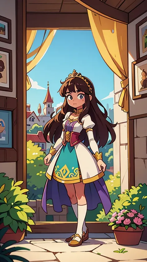 Illustrate Princess Isabella of Eldoria standing at an ornate palace window, looking out towards the bustling village below.