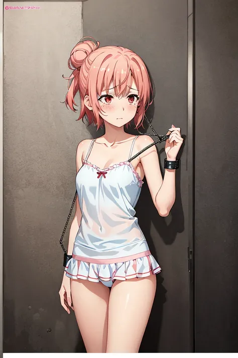 1 Girl,  
Yuigahama Yui, Pink Hair, Hair Bun, short hair, 

(8K, Highest quality, Pieces fly)
White camisole, 

Chained、bondage, bondage、slaveの首輪、M-shaped legs、slave、Perfect Anatomy,
tears, shy, blush, 
View your viewers, 
big , 