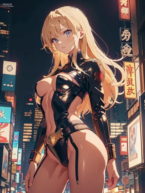 Beautiful woman, slavery clothes, blond, (leathery), revealing, sensuous, Skinned, ((アニメ)), illustration, full colors, foto perfil, Akira Toriyama style, toei animation, in a city at night, (cyberpunk style), medium breasts, breasts small, opaque colors