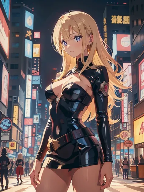 Beautiful woman, slavery clothes, blond, (leathery), revealing, sensuous, Skinned, ((アニメ)), illustration, full colors, foto perfil, Akira Toriyama style, toei animation, in a city at night, (cyberpunk style), medium breasts, breasts small, opaque colors