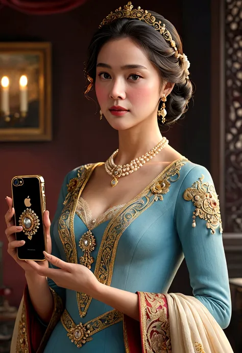 ((Highest quality)), ((masterpiece)), (detailed), lady,hold iPhone,