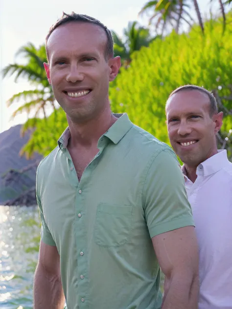 a man, Todder8, Todder1 short hair, perfect skin, RAW, UHD, 8K, looking at camera, on a yacht at sea, vacation photography, island paradise, colorful Hawaiian shirt, photorealistic, dynamic lighting, perfect day, [smiling]